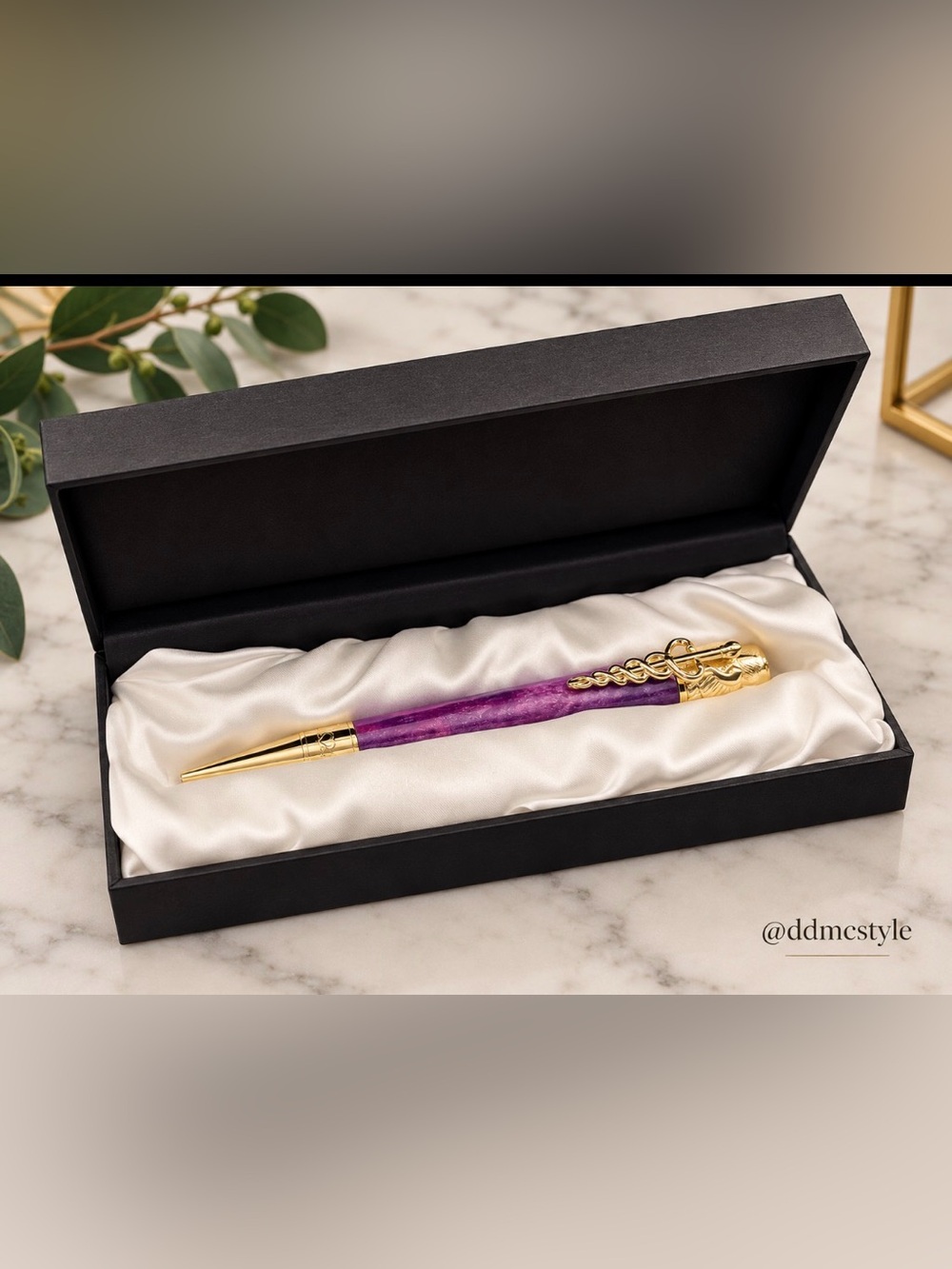 Handcrafted Purple swirl resin gold tone Medical Caduceus Ballpoint Pen NIB